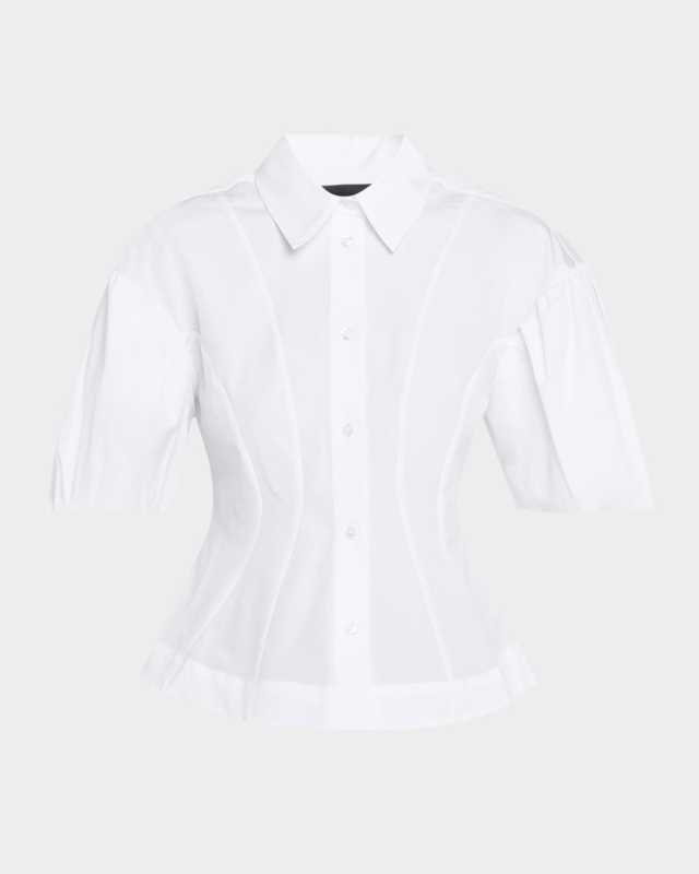 Puff-Sleeve Button-Down Peplum Shirt